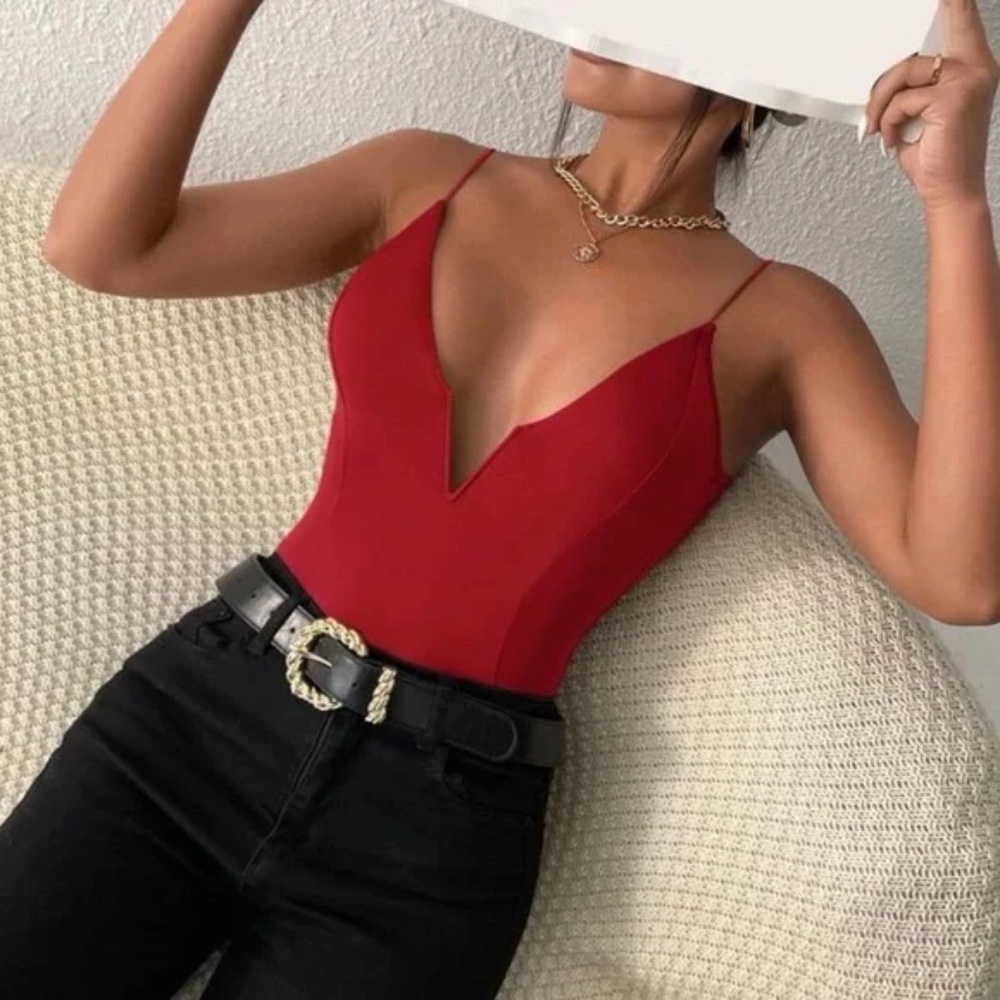 Plunging Black Neck Sexy Fitted Cami Bodysuit - Picture 7 of 14